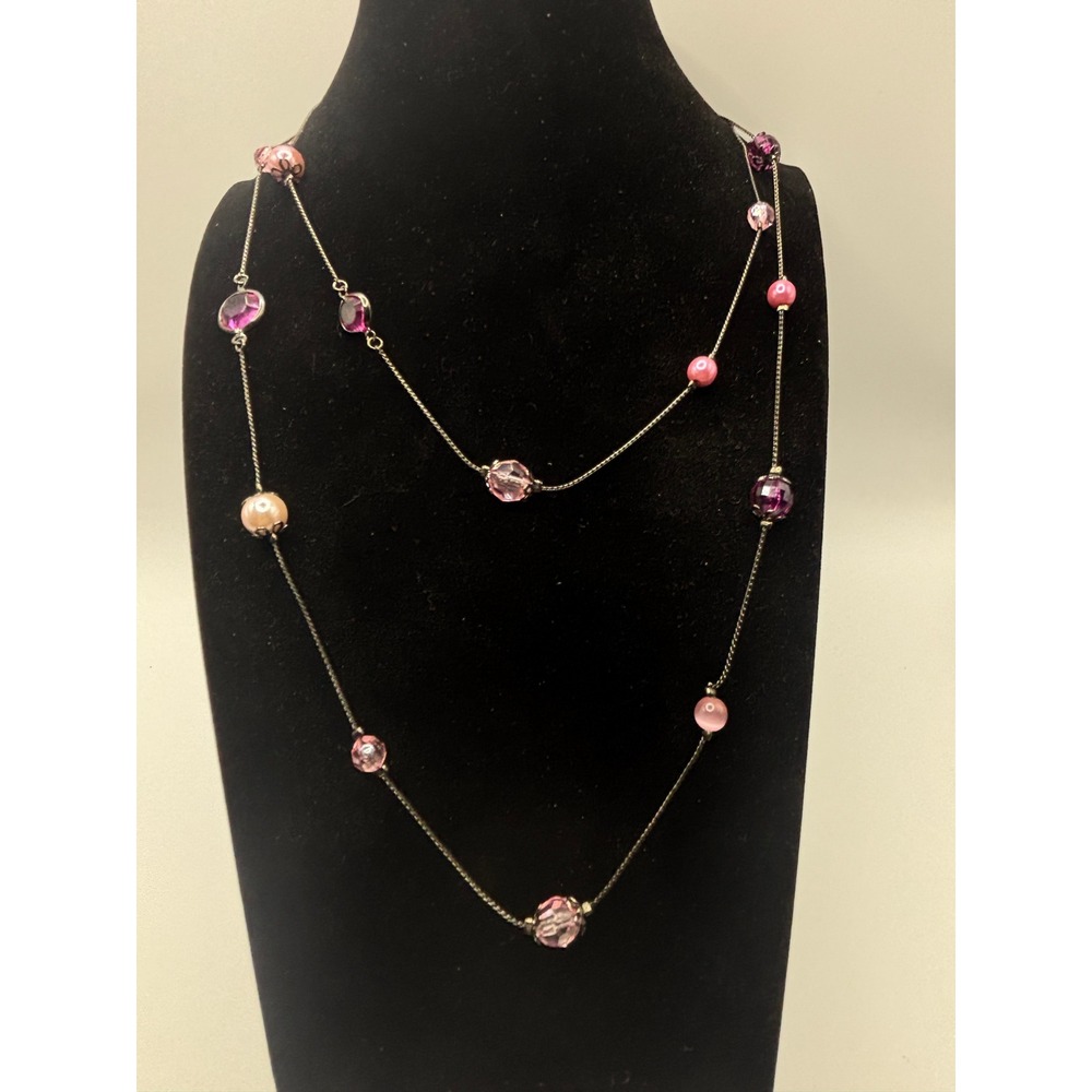 Candies Pink Purple Crystal Bead Station Necklace‎ Gunmetal Tone 36 Inch Long